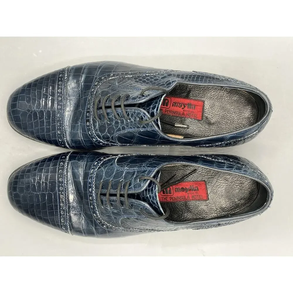 Vintage Bespoke Maylin Peninsula Hotel Hong Kong Navy Blue Alligator Shoes SZ 11